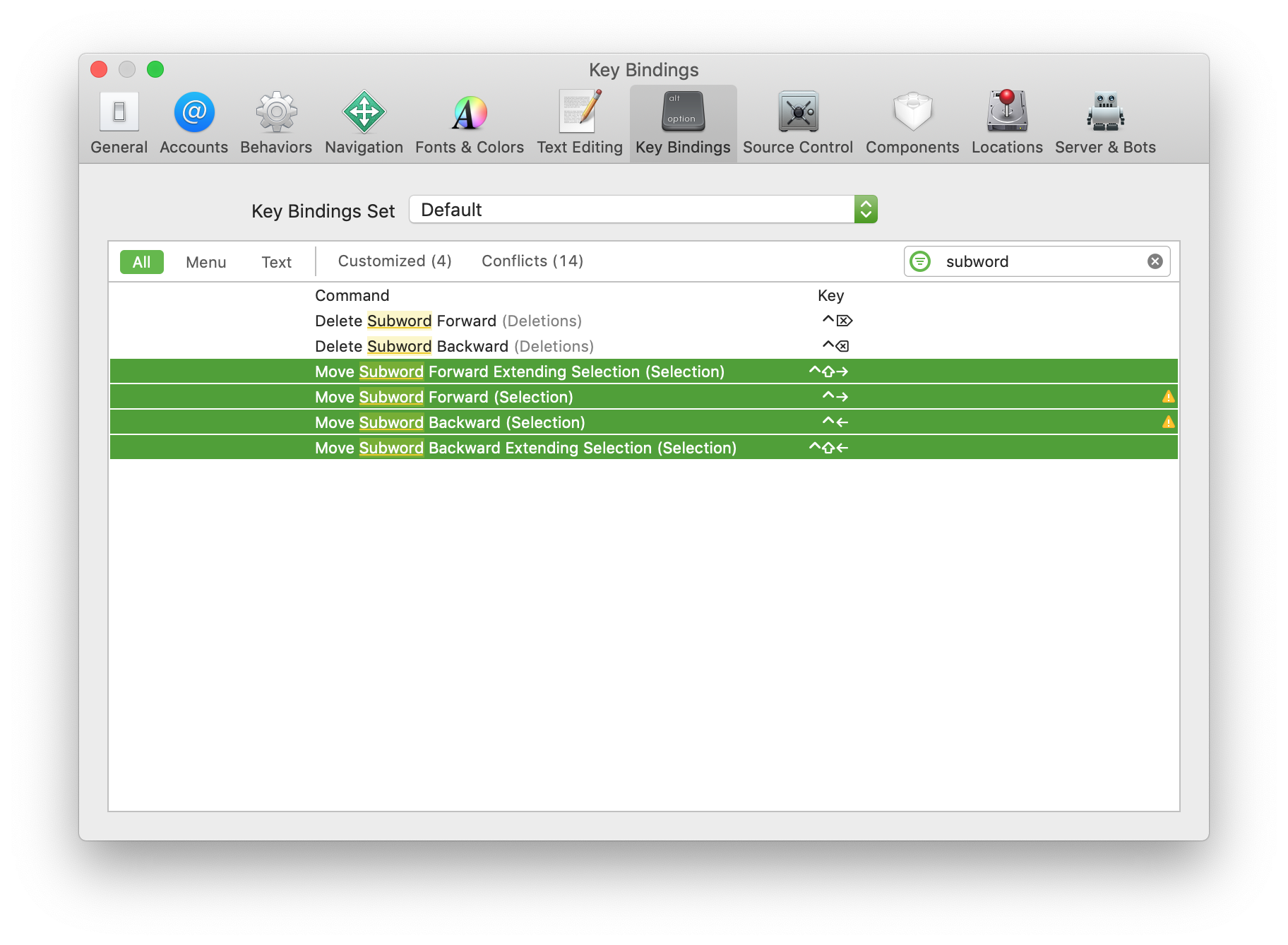 A screenshot of Xcode’s Key Bindings preference pane. “subword” is in the filter box, and four entries are selected: Move Subword Forward Extending Selection (mapped to control + shift + right), Move Subword Forward (control + right), Move Subword Backward (control + left), Move Subword Backward Extending Selection (control + shift + left).